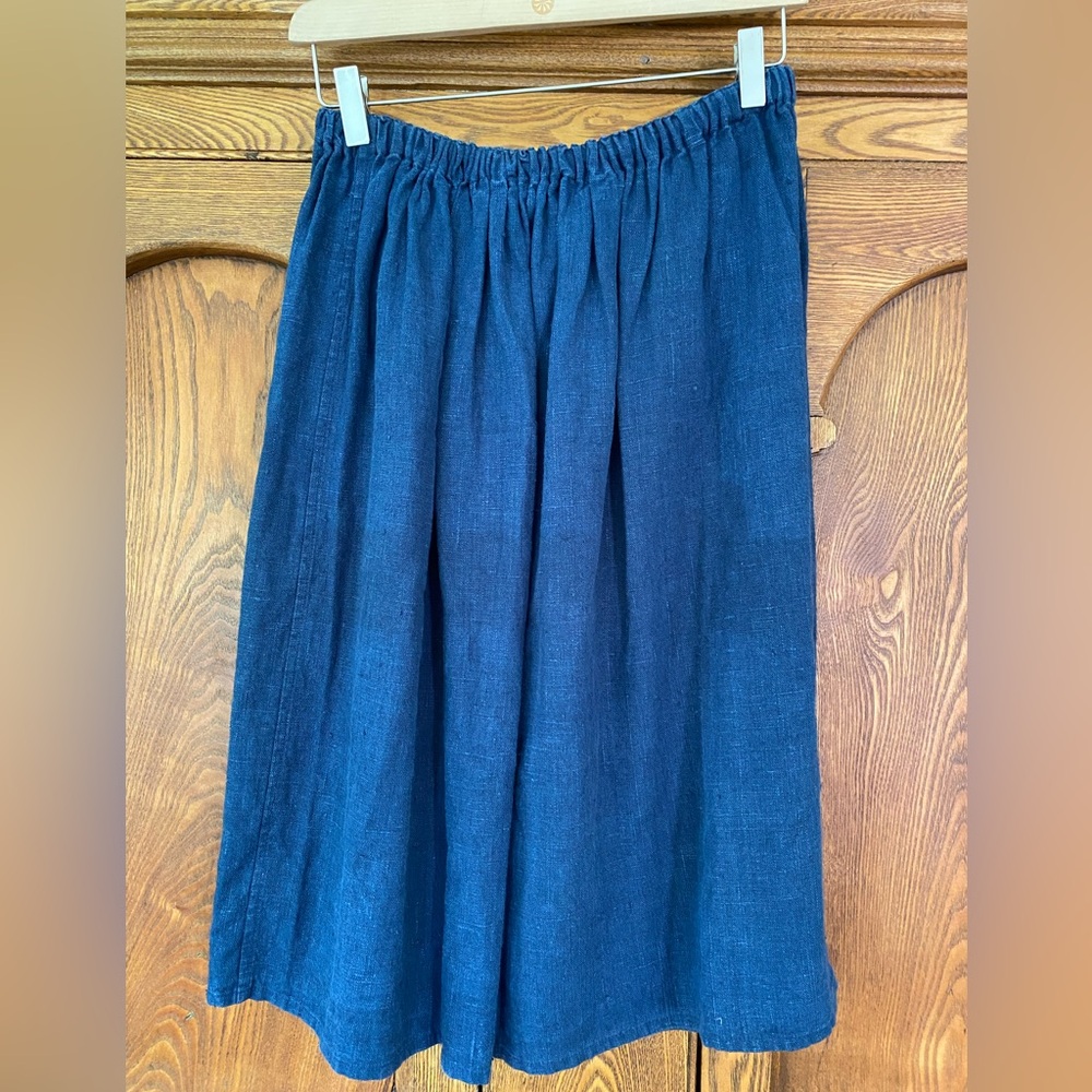 Fog Linen Work OS S M L navy blue rough linen skirt midi knee